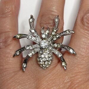 Vintage Tarantula Spider  Ring Silver With Clear Rhinestones Adjustable
